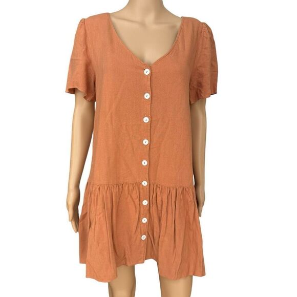 Urban Outfitters Women's Mini Dress Houston Drop Waist Button Linen size M - Picture 2 of 8